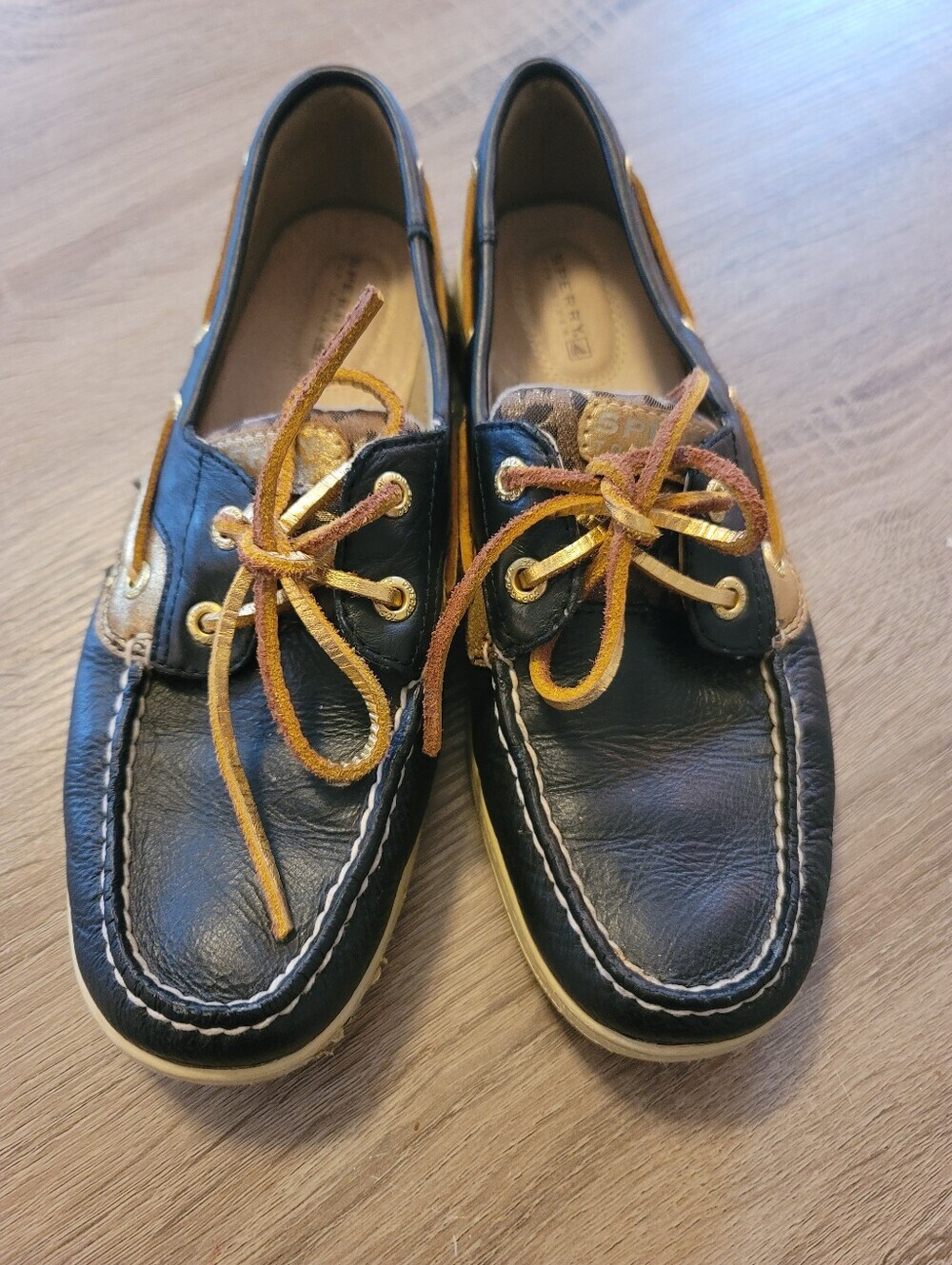 Sperry Top-Sider Women's Leather Boat Shoes Black Leopard Print Lace-Up 8M